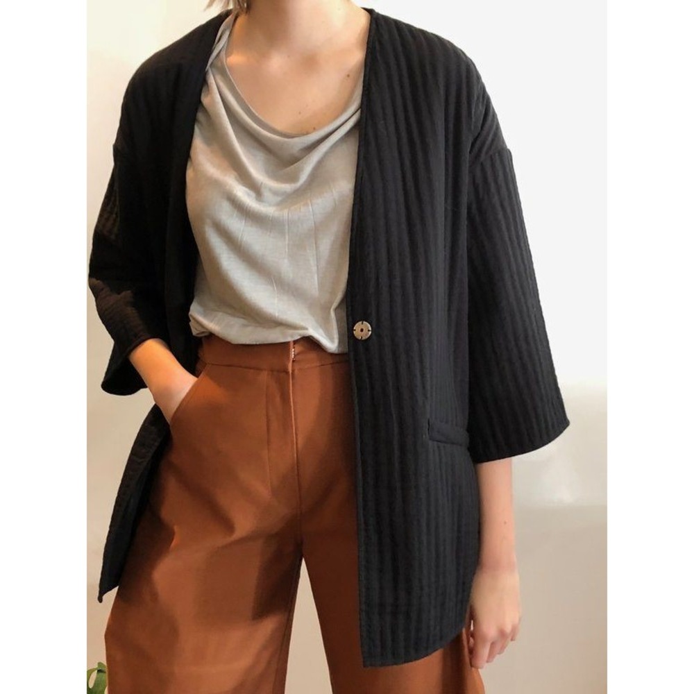 Pomandère Italy Black Quilted Cotton Gauze Jacket Collarless Minimalist 42 M